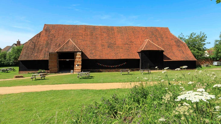 The exterior of Grange Barn in sunshine, Essex